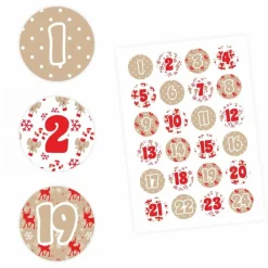 New 24 Adventskalender Zahlen Aufkleber ROT/BEIGE - rund 4 cm Ø - Sticker Weihnachten zum basteln dekorieren DIY Adventskalenderzahlen