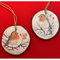 New 2 Anhänger aus Holzscheiben, Rotkehlchen, Weihnachten, Winter Geschenkeanhänger