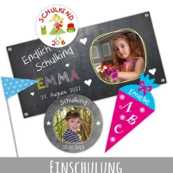 Clearance 15 Aufkleber | Einladung grün - Bunte Wimpel  - personalisierbar | Schulanfang, Kinderparty Kinder Einschulung