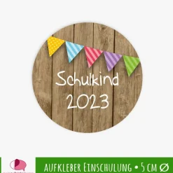 Outlet 15 Aufkleber | Schulkind - Bunte Wimpel - personalisierbar | Schulanfang, Aufkleber zur Einschulung in Holzoptik braun Kinder Einschulung