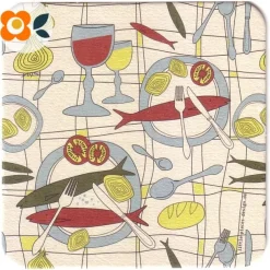 Tischdekoration|Retroliebe 10 Bierdeckel Gedeckter Tisch, mit Eßutensilien, Fisch und Gemüse
