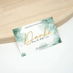 Danksagungskarten|Kreativschmalz 100 kleine Hochzeit Dankeskarte 02 | Grün goldfarben Aquarell Hintergrund | Personalisiert mit Namen und Datum