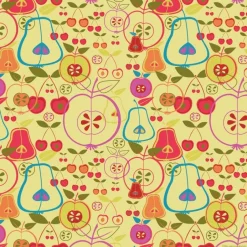 Tischdekoration|Retroliebe 4 Untersetzer Obstgarten, für Flaschen, Karaffen, Schalen + Schüsseln, mit farbigen, stilisierten Sommerfrüchten