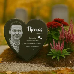 Online 15 x 17 cm Schieferherz mit Gravur – personalisierter Gedenkstein mit Foto & Wunschtext als wetterfester Grabschmuck Gedenksteine