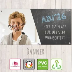 Geschenke|meinAufkleberladen Abitur Banner - 100 x 50 cm | ABI Abschluss - Tafel-Design - personalisierbar mit Foto und Wunschtext