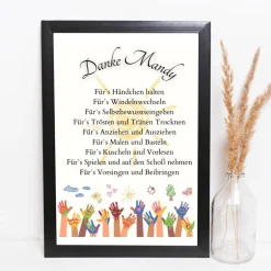 Danksagungskarten|DekowerkSeeger Abschiedsgeschenk Erzieherin personalisiert Hände bunt | Poster Urkunde | Geschenk Kindergarten Danke