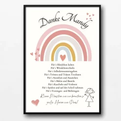 Danksagungskarten|DekowerkSeeger Abschiedsgeschenk Erzieherin personalisiert Herz rosa | Poster Urkunde | Geschenk Kindergarten Danke Regenbogen
