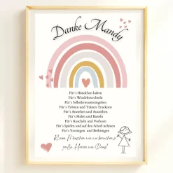 Danksagungskarten|DekowerkSeeger Abschiedsgeschenk Erzieherin personalisiert Herz rosa | Poster Urkunde | Geschenk Kindergarten Danke Regenbogen