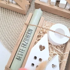 Abschiedsgeschenk Kindergarten KITA Erzieherin mit Herz Geschenkset Dankeschön Häuser / Lichthäuser Kerzenhalter Stern K Kinder Danksagungskarten