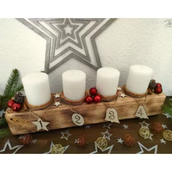 New Adventsbalken aus Holz mit weißen Kerzen und Glaskugeln/ Adventsgesteck / Adventsdeko Adventskränze
