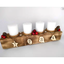 New Adventsbalken aus Holz mit weißen Kerzen und Glaskugeln/ Adventsgesteck / Adventsdeko Adventskränze