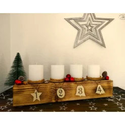 New Adventsbalken aus Holz mit weißen Kerzen und Glaskugeln/ Adventsgesteck / Adventsdeko Adventskränze