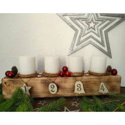 New Adventsbalken aus Holz mit weißen Kerzen und Glaskugeln/ Adventsgesteck / Adventsdeko Adventskränze
