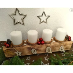 New Adventsbalken aus Holz mit weißen Kerzen und Glaskugeln/ Adventsgesteck / Adventsdeko Adventskränze