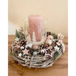 Discount Adventsgesteck mit Windlicht auf Kranz, rosa/silber/weiß/grau Adventskränze