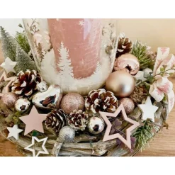 Discount Adventsgesteck mit Windlicht auf Kranz, rosa/silber/weiß/grau Adventskränze
