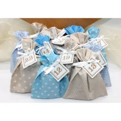 Adventskalender|Monemy Adventskalender / Säckchen zum Befüllen / Stoffsäckchen mit Zahlen creme beige hellblau