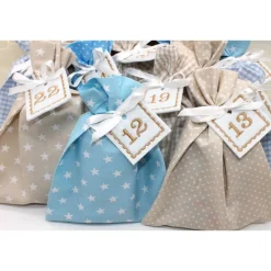 Adventskalender|Monemy Adventskalender / Säckchen zum Befüllen / Stoffsäckchen mit Zahlen creme beige hellblau