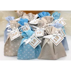 Adventskalender|Monemy Adventskalender / Säckchen zum Befüllen / Stoffsäckchen mit Zahlen creme beige hellblau