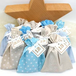 Adventskalender|Monemy Adventskalender / Säckchen zum Befüllen / Stoffsäckchen mit Zahlen creme beige hellblau
