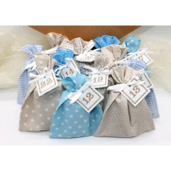 Adventskalender|Monemy Adventskalender / Säckchen zum Befüllen / Stoffsäckchen mit Zahlen creme beige hellblau