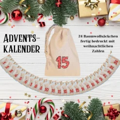 Best Adventskalender aus Baumwollsäckchen zum Befüllen – Rot mit Schneeflockendekor | DIY Weihnachtskalender | 24 Säckchen Adventskalender