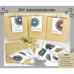 Adventskalender|Cathy Thica Adventskalender DIY mit Kraftpapiertüten, Zahlen und Holzklammern mir spirituellen Motiven