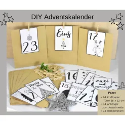Adventskalender|Cathy Thica Adventskalender DIY mit Kraftpapiertüten, Zahlen und Holzklammern mir grafischen Motiven