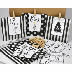 Sale Adventskalender DIY mit Kraftpapiertüten, Zahlen und Holzklammern mir grafischen Motiven Adventskalender