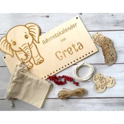 Adventskalender|nice-4u Adventskalender Holz Elefant personalisiert 36×27 cm | Brett, Zahlen oder Komplettset mit Beuteln