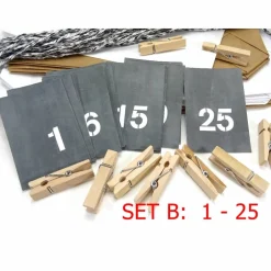 Adventskalender|bunt-mixx-DESIGN Adventskalender Tüten Klammern, 50m Textilgarn, Auswahl: 24 oder 25 Zahlen, Kreidetafel Anhänger, DIY-Set