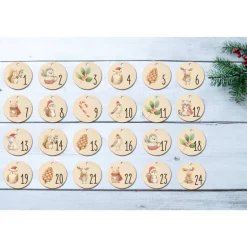 Online Adventskalender Zahlen Holz 1–24, Ø 4,5 cm – rund, mit Waldtieren bedruckt, lasergeschnitten Adventskalenderzahlen