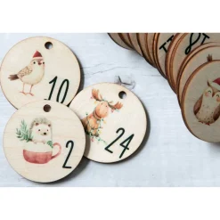 Online Adventskalender Zahlen Holz 1–24, Ø 4,5 cm – rund, mit Waldtieren bedruckt, lasergeschnitten Adventskalenderzahlen