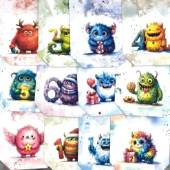 Online Adventskalender zum Befüllen – 24 handgemachte Papier-Tüten mit niedlichen Monstern, ca. 14 x 15 cm Adventskalender