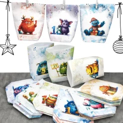 Online Adventskalender zum Befüllen – 24 handgemachte Papier-Tüten mit niedlichen Monstern, ca. 14 x 15 cm Adventskalender