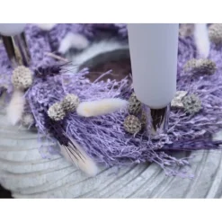 Online Adventskranz Holz mit Trockenblumen lila silberfarbig modern Adventskränze
