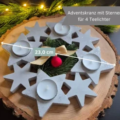 Online Adventskranz mit Sternen für 4 Teelichter - aus Gießbeton -weiß oder hellgrau mit Glitzer - wiederverwendbar Adventskränze