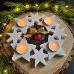 Online Adventskranz mit Sternen für 4 Teelichter - aus Gießbeton -weiß oder hellgrau mit Glitzer - wiederverwendbar Adventskränze