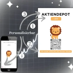 Hot Aktiendepot | Personalisiertes Geldgeschenk | Aktie ETF Kryptowährung QrCode Bild | Motiv Löwe Geldgeschenke