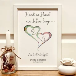 Best Andenken zur Silberhochzeit | Personalisiertes Geldgeschenk im Bilderrahmen mit Spruch "Hand in Hand ein Leben lang" Geldgeschenke