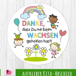 Aufkleber Kindergarten Abschied | Danke, dass Du mir beim Wachsen geholfen hast - Kinder mit Regenbogen Kinder Danksagungskarten