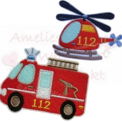 Discount Aufnäher Bügelbild Feuerwehr Bus und Hubschrauber im Set Feuerwehrauto Applikation gestickt Kinder Schultüten