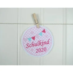 Aufnäher Schulkind Button Applikation Bügelbild einschulung erster schultag rosa pink türkise kariert Pferd, Pony, Einho Kinder Einschulung