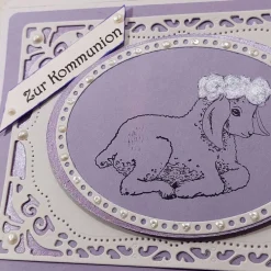 Best Aufwändige Kommunionkarte Lamm mit Rosenkrone lila weiß Glückwunschkarten