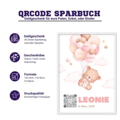Geldgeschenke|QrCode-Galerie Baby Geldgeschenk | Digitales Sparkonto | Personalisiertes QrCode Bild | Motiv Geburt Rosa