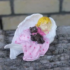 Clearance Baby Mädchen mit Teddy in Engelsflügel gebettet, handbemalt Gedenksteine