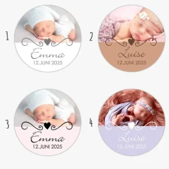 Online Babyaufkleber zur Geburt | Herz Ornament -  personalisierbar mit Babyfoto, Name und Geburtsdatum Einladungskarten