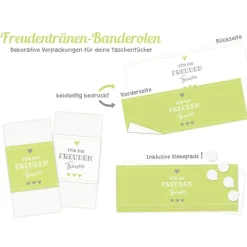 Online Banderolen Für die Freudentränen Hellgrün-Weiß zweiseitig bedruckt mit Klebepunkt zum Verschließen - Hochzeit Taschentuch Papierbanderole Taschentuchhalter Hochzeitsdeko