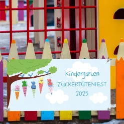 Sale Banner Kinderevent 100 x 50 cm  | Bunte Kindermotive - personalisierbar mit Wunschtext - Kindergarten Kinder Einschulung