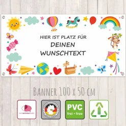 Sale Banner Kinderevent 100 x 50 cm  | Bunte Kindermotive - personalisierbar mit Wunschtext - Kindergarten Kinder Einschulung